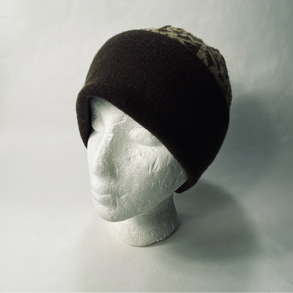 Michael Kors Knit Cuffed Beanie Foldover Hat Tan Brown Logo Pattern - Picture 2 of 11